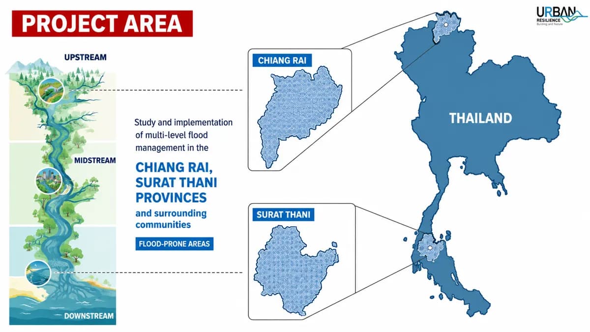 Infographic of the project area: upstream, midstream and downstream flood zones, with maps of Chiang Rai and Surat Thani provinces in Thailand